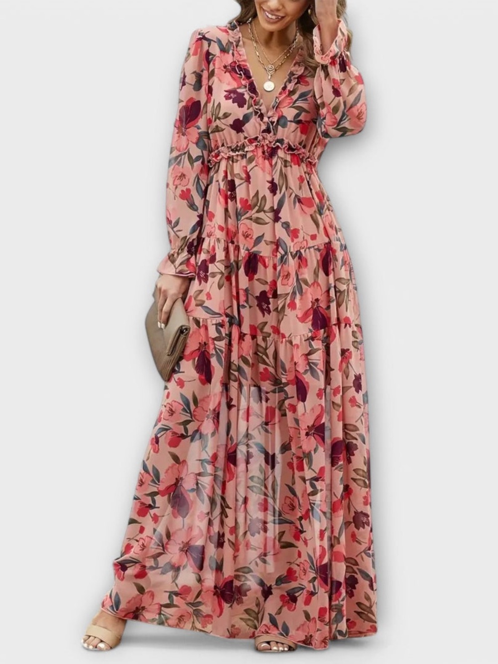 Floral Ruffle V-Neck Maxi Dress in Blush Pink